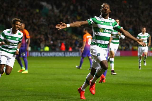 GLASGOW, SCOTLAND - SEPTEMBER 28:  Moussa Dembele of Celtic celebrates after scoring his team's third goal during the UEFA Champions League group C match between Celtic FC and Manchester City FC at Celtic Park on September 28, 2016 in Glasgow, Scotland.  (Photo by Michael Steele/Getty Images) **BESTPIX**