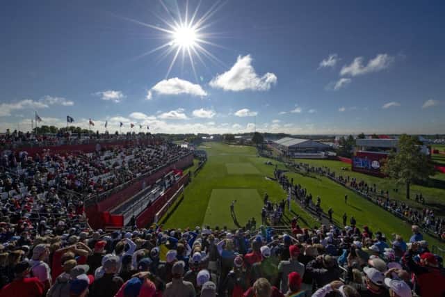European team members tee off at the first during the final day of practice at Hazeltine. Picture: Thomas J. Russo