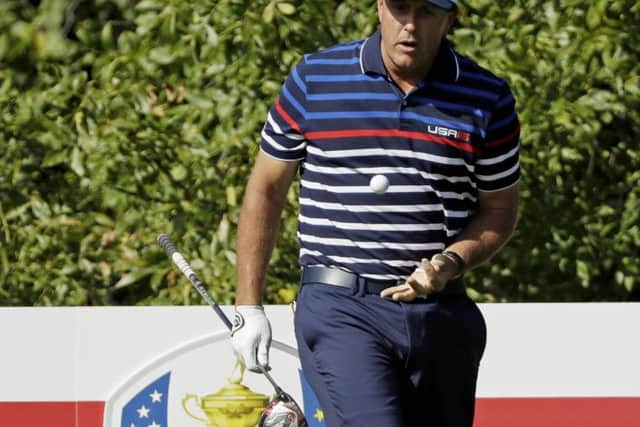 Phil Mickelson gets ready to drive on the 10th hole during a practice round at Hazeltine. Picture: AP Photo/David J. Phillip