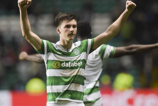 Kieran Tierney celebrates at full-time having put in a fine performance against Manchester City. Picture: SNS.