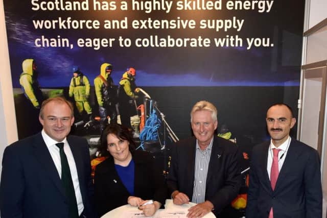 Left to right: Sir Ed Davey, Lesley Black (CS Wind UK), Graham Brown (Burcote Wind), Fabrizio Tortora (ERG). Picture: Contributed