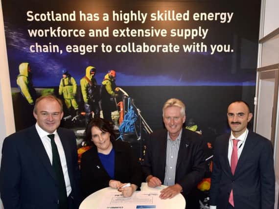 Left to right: Sir Ed Davey, Lesley Black (CS Wind UK), Graham Brown (Burcote Wind), Fabrizio Tortora (ERG). Picture: Contributed