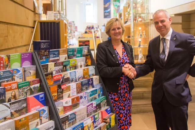 Pictured in the National Museum of Scotland are Philippa Harris, MD of Take One Media, and Glen Bennett, general manager of EAE. Picture: Contributed
