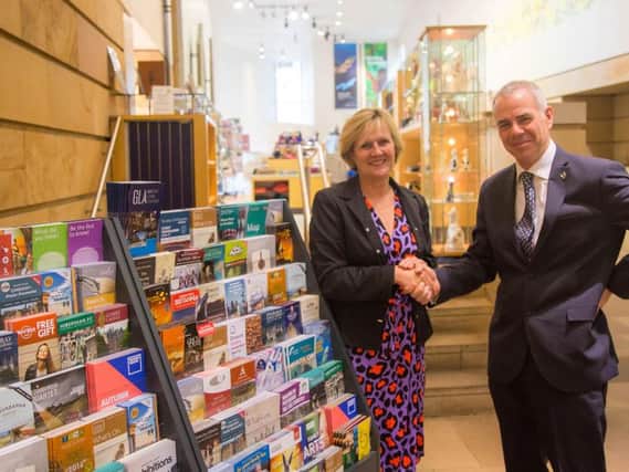 Pictured in the National Museum of Scotland are Philippa Harris, MD of Take One Media, and Glen Bennett, general manager of EAE. Picture: Contributed