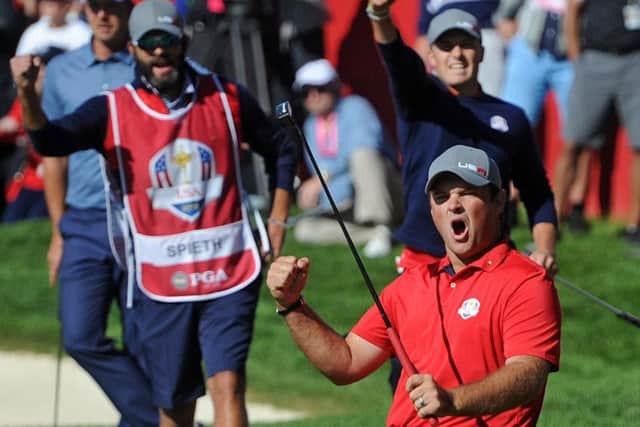 Team USA's Patrick Reed celebrat evictory over Henrik Stenson and Justin Rose during the first day at Hazeltine. Picture: Thomas J. Russo