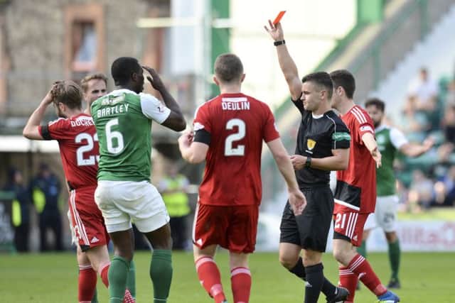 Marvin Bartley is dismissed against Ayr United. The red card was later rescinded. Photograph: Ross Parker/SNS