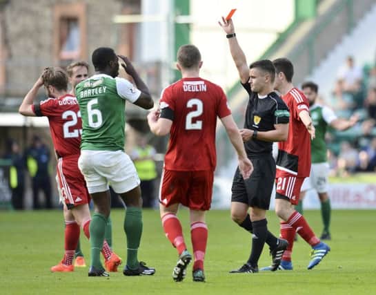 Marvin Bartley is dismissed against Ayr United. The red card was later rescinded. Photograph: Ross Parker/SNS