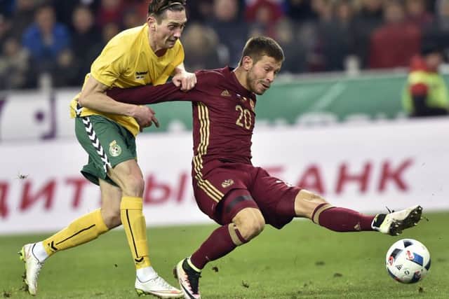 Former Hearts star Deividas Cesnauskis, left, is still playing for his country