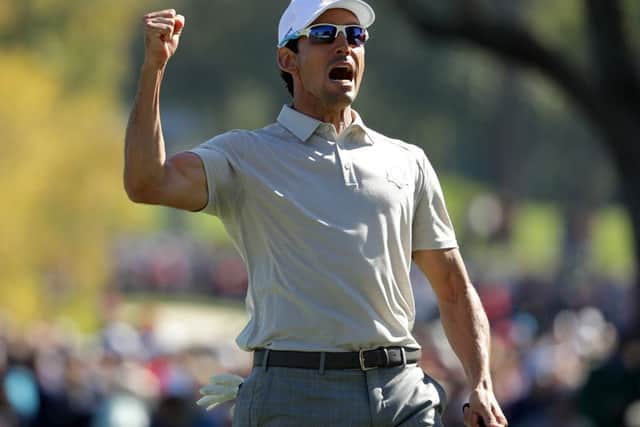 Rafa Cabrera Bello shouts out after holing a birdie putt at the 17th in the Ryder Cup at Hazeltine. Picture: Getty Images