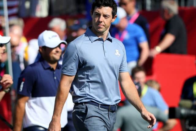 Rory McIlroy reacts to making a putt on the 8th hole. Picture: Brian Spurlock