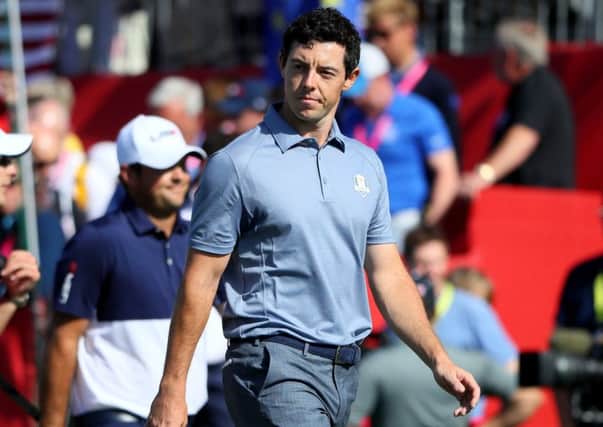 Rory McIlroy reacts to making a putt on the 8th hole. Picture: Brian Spurlock