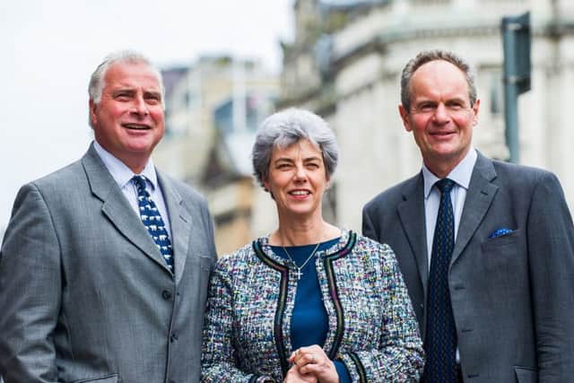 New CKD Galbraith chief executive Pam Over with outgoing boss Tim Kirkwood, left, and chairman Iain Russell. Picture: Stuart Nicol