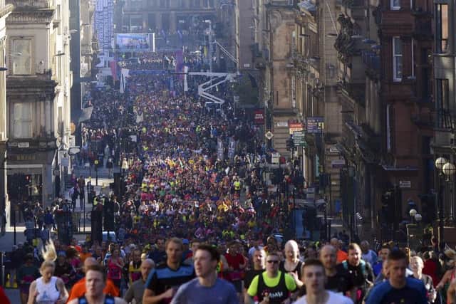 Runners in the half marathon take off from George Square, Glasgow in the 2016 Great Scottish Run. Picture: Hemedia