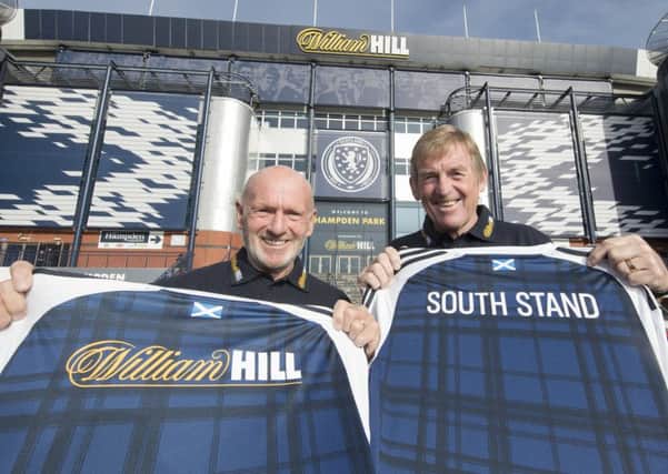 Scotland legends Archie Gemmill, left, and Kenny Dalglish were on hand at Hampden Park yesterday to  unveil the new look south stand at the national stadium.