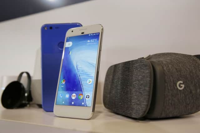 The new Pixel phone is displayed next to Google's Daydream VR headset. Picture: Eric Risberg/AP