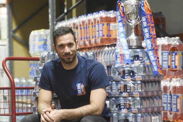Hibs goalkeeper Ofir Marciano promoting the Irn Bru Cup at Batley's Bellevue Cash and Carry. Picture: Greg Macvean