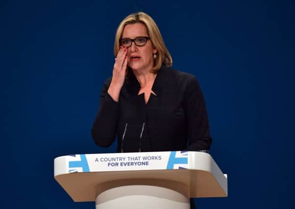 Amber Rudd addresses the Tory conference in Birmingham last week. Her brother, Roland, has since attacked the party for denigration of non-British workers. Picture: Carl Court/Getty