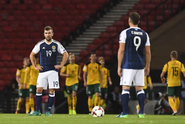 James McArthur (left) and Chris Martin cut dejected figures after Lithuania take the lead. Picture: SNS