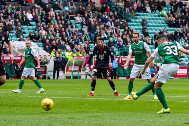 Hibernian's Alex Harris makes it 1-0 against St Mirren in Saturday's Irn-Bru Cup clash at Easter Road. Picture: Ross Parker/SNS Group
