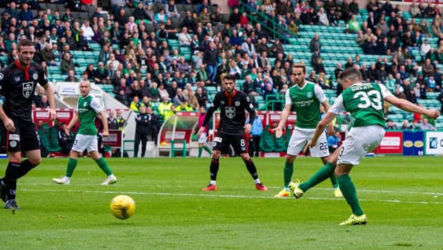 Hibernian's Alex Harris makes it 1-0 against St Mirren in Saturday's Irn-Bru Cup clash at Easter Road. Picture: Ross Parker/SNS Group