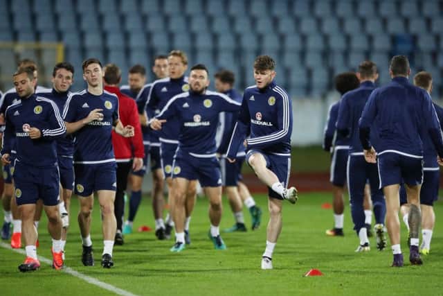 Scotland's Oliver Burke, centre, during a training session at the Stadion Pasienky, Bratislava. Picture: PA