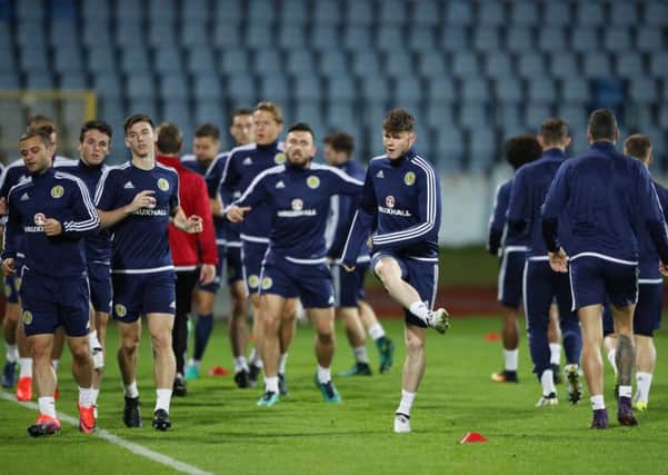 Scotland's Oliver Burke, centre, during a training session at the Stadion Pasienky, Bratislava. Picture: PA