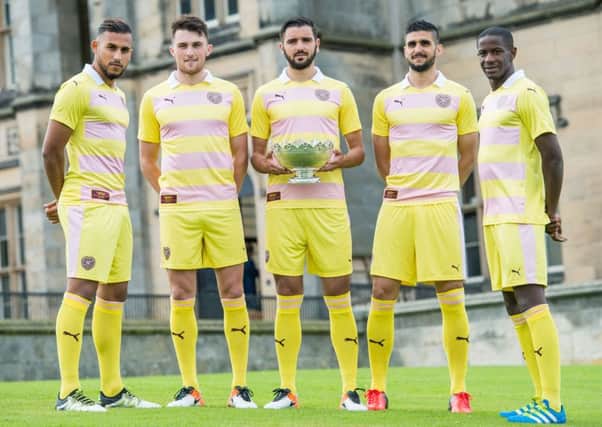 Hearts stars showing off the unusual attire. Picture: Ian Georgeson