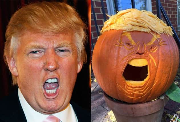 Donald Trump, left, and Marcher Lord's pumpkin creation. Pictures: Getty Images / @MarcherLord1