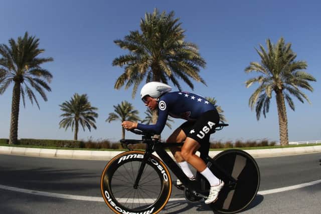 Amber Neben of the USA on her way to victory in the Women's Elite Individual Time Trial on day 3 of the UCI Road World Championships in Doha, Qatar. Picture: Bryn Lennon/Getty