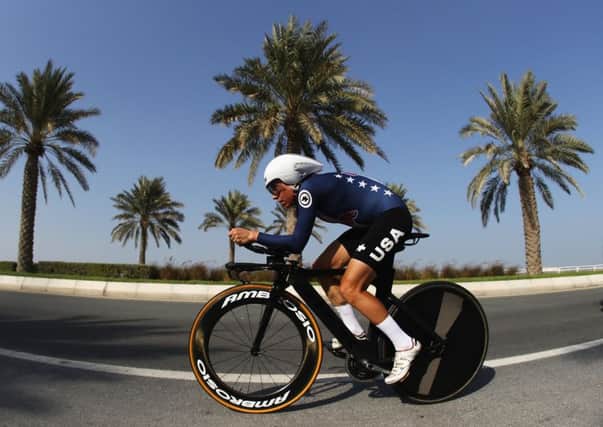 Amber Neben of the USA on her way to victory in the Women's Elite Individual Time Trial on day 3 of the UCI Road World Championships in Doha, Qatar. Picture: Bryn Lennon/Getty