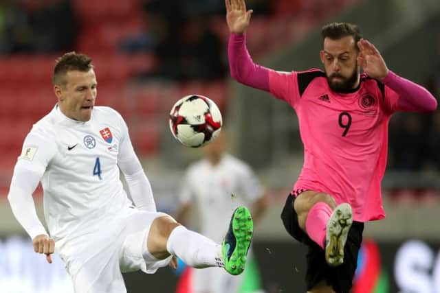 Scotland striker Steven Fletcher, right, and Slovakia's Jan Durica battle for the ball. Picture: Nick Potts/PA Wire.