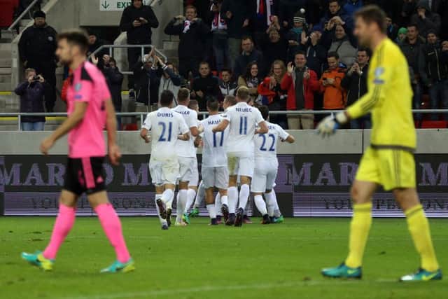 Slovakia's team celebrates going 2-0 up on their way to a comfortable victory over Scotland. Picture: AFP/Getty