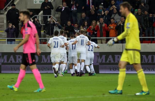 Slovakia's team celebrates going 2-0 up on their way to a comfortable victory over Scotland. Picture: AFP/Getty