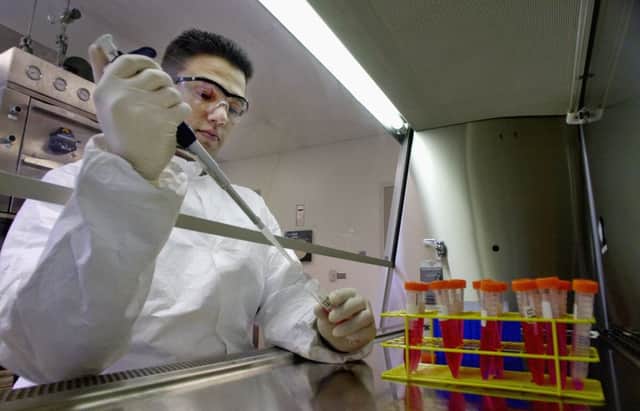Avigen Inc. development associate Carlos Puebla uses a pipette to collect vectors in a Purifier Biosafety Cabinet in Alameda, Calif., Wednesday, May 1, 2002.  Viruses, stripped of their virulence and ability to replicate and loaded with the healthy DNA, are the most common delivery vehicles, known as "vectors."  Avigen Inc. and other companies pursuing cures based on "gene therapy" cures are quietly regaining lost momentum and claiming vindication after an experiment in France apparently helped rid four "bubble boys" of immuno-deficiencies. (AP Photo/Paul Sakuma)