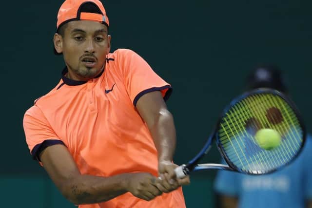 Nick Kyrgios of Australia returns a shot against Mischa Zverev of Germany during their turbulent clash at the Shanghai Rolex Masters. Picture: Lintao Zhang/Getty Images