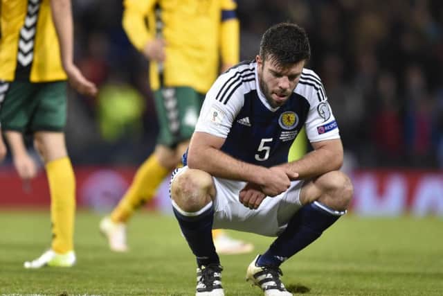 Scotland's Grant Hanley has struggled in the recent World Cup qualifiers with Lithuania and Slovakia. Picture: Rob Casey/SNS