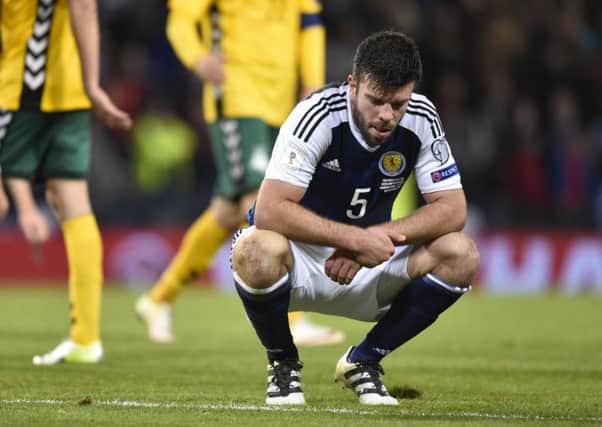 Scotland's Grant Hanley has struggled in the recent World Cup qualifiers with Lithuania and Slovakia. Picture: Rob Casey/SNS