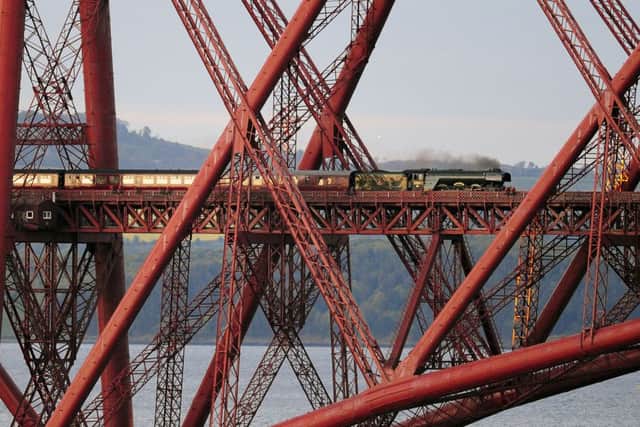 The Flying Scotsman crosses the Forth Bridge in May 2016. Picture: Michael Gillen/TSPL