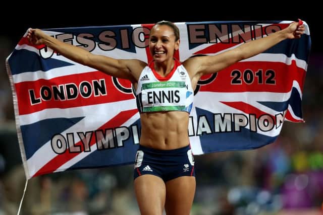 Jessica Ennis, as she was then, celebrates after winning the Olympic heptathlon title at London 2012. Picture: David Davies/PA Wire.