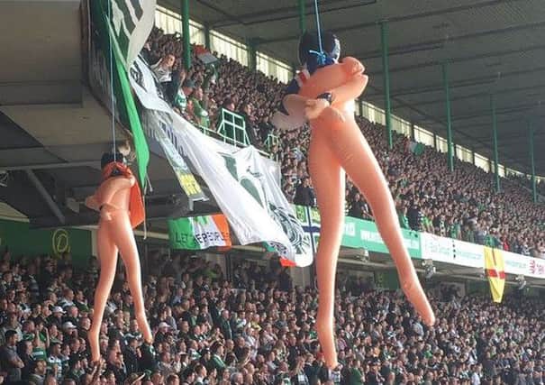 Blow up dolls were hung from the top teir of Celtic Park during the Celtic Rangers game in September. Picture: Contributed