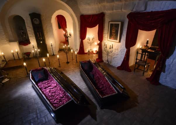 A pair of coffins await the lucky winners of a competition to spend the night in the famous castle. Picture: AP