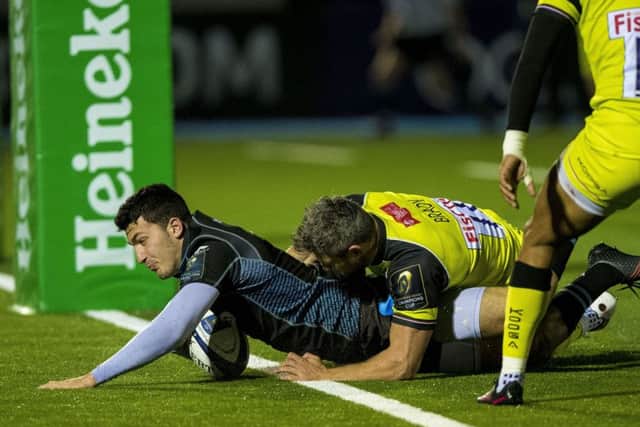 Glasgow Warriors' Leo Sarto plunges over for a try in the European Champions Cup match against Leicester Tigers at Scotstoun. Picture: Craig Watson/PA Wire