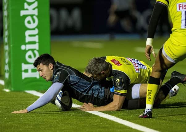 Glasgow Warriors' Leo Sarto plunges over for a try in the European Champions Cup match against Leicester Tigers at Scotstoun. Picture: Craig Watson/PA Wire