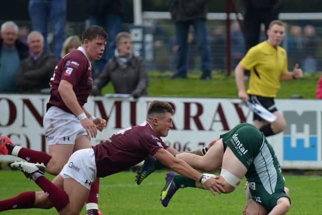 Gala's Ross Combe tackles Gary Johnstone. Picture: Jon Savage