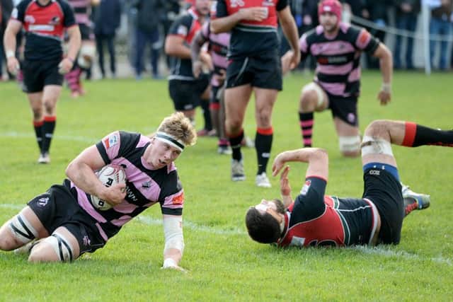 Ayr's Ruaridh Mackenzie goes over for a try. Picture: Gary Hutchison/SNS