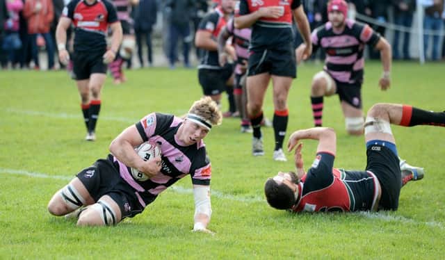 Ayr's Ruaridh Mackenzie goes over for a try. Picture: Gary Hutchison/SNS
