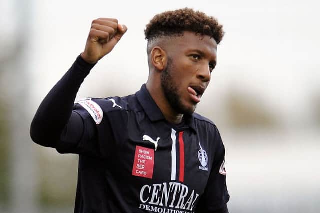 Myles Hippolyte celebrates his winning goal for Falkirk. Picture: Michael Gillen
