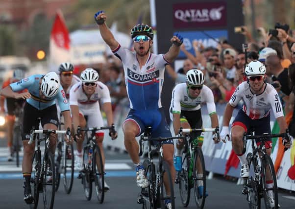 Peter Sagan wins in Doha, pipping Mark Cavendish, far right, on the line. Picture: Getty.