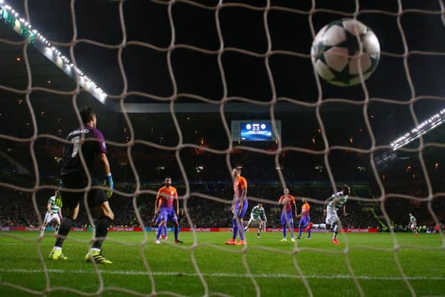 Moussa Dembele scores Celtics third goal during the Champions League match against Manchester City last month. Picture: Getty