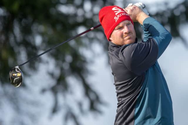 Gareth Wright watches a drive 
on his way to a nine-under-par 62 on the Kings Course at Gleneagles in the first round of the M&H Logistics Scottish PGA Championship. Picture: Kenny Smith